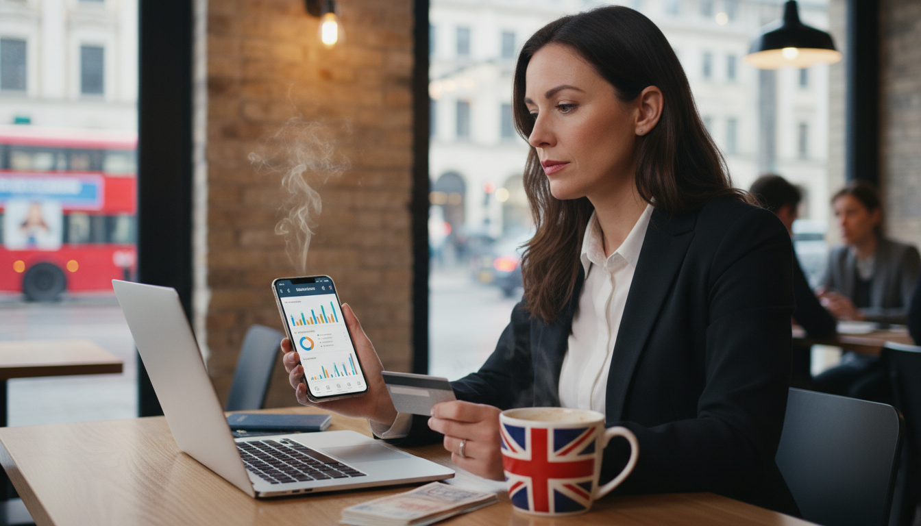 A professional expat sitting in a modern London cafe with a laptop and a Union Jack mug, holding a credit card and looking at a smartphone screen showing a banking app dashboard with colorful financial charts.