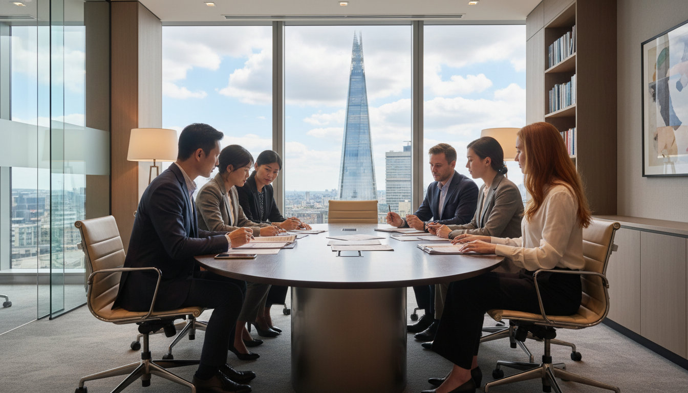 A professional modern law office interior in London with a view of the Shard through the window, featuring a diverse group of professional lawyers in smart casual attire discussing documents with a focused expat couple.