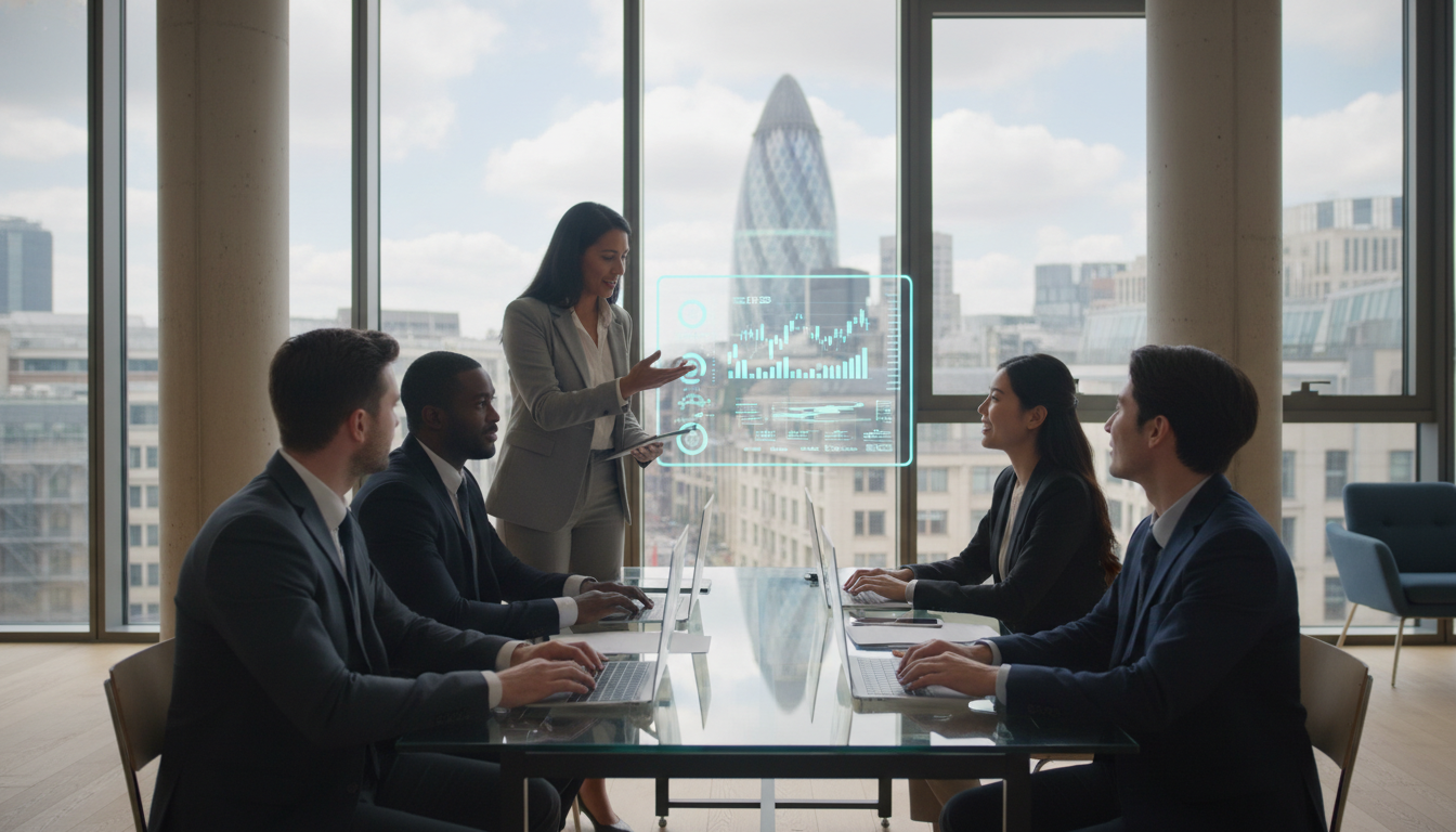 A professional and diverse group of entrepreneurs in a modern, sunlit London office space, collaborating over a digital whiteboard with financial charts, with a view of the Gherkin building in the background, cinematic lighting, ultra-high definition.