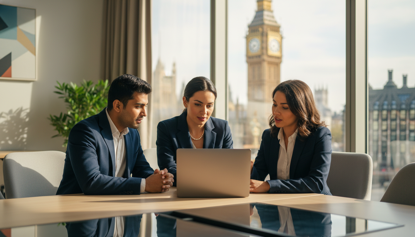 A professional accountant in a bright, modern London office, consulting with a diverse couple over a laptop, with blurred British architectural elements like Big Ben visible through a window, soft natural lighting, photorealistic style.
