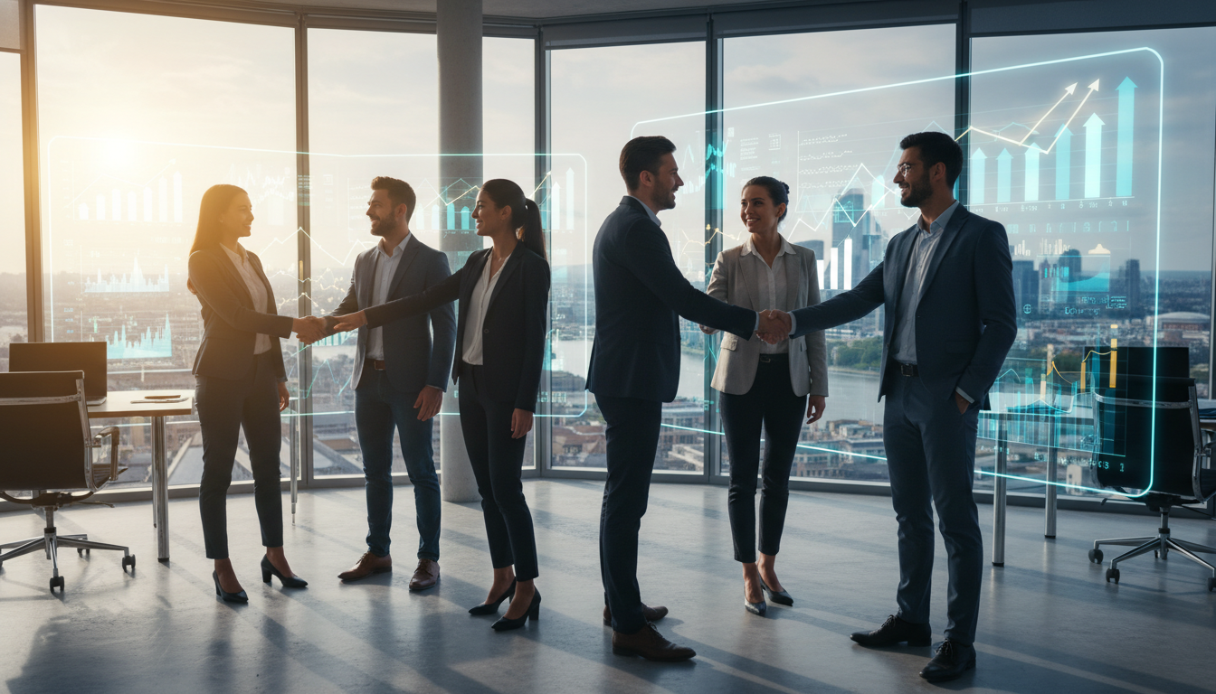 A diverse group of young entrepreneurs shaking hands in a modern, glass-walled office in Canary Wharf, London, with digital charts on screens in the background, cinematic lighting, 8k resolution.