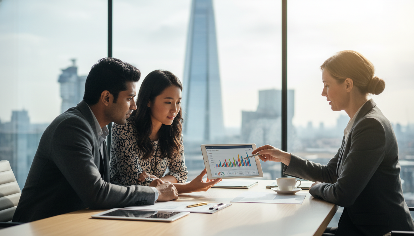 A professional financial consultant sitting in a modern glass-walled office in Canary Wharf, London, discussing a digital portfolio on a tablet with a diverse expatriate couple. The Shard and the London skyline are visible through the window in a soft-focus background, bright daylight.