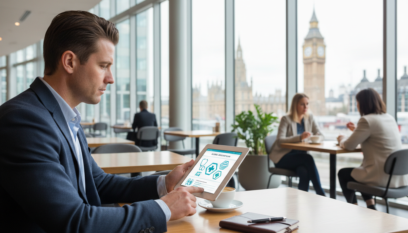 A professional expat sitting in a brightly lit, modern cafe in Canary Wharf, London, looking at a digital tablet showing a healthcare insurance dashboard with icons of stethoscopes and globes, Big Ben visible in the distant background through the window.