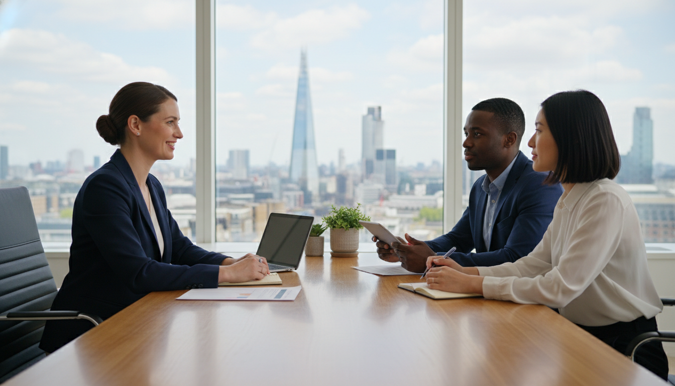 A professional tax consultant sitting across a wooden desk from a diverse expat couple in a bright, modern office with a view of the London skyline through the window, high-quality photography, professional atmosphere
