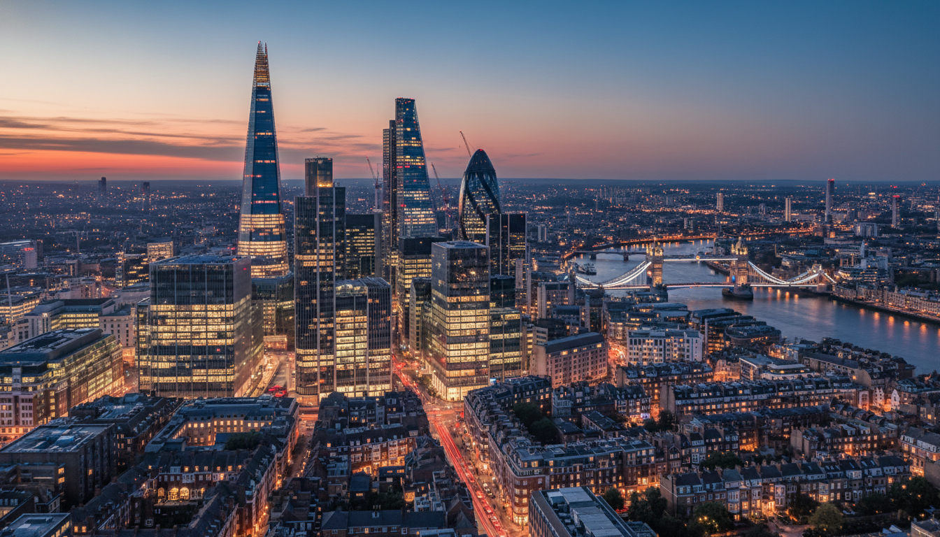 A high-angle cinematic view of the London skyline at dusk, blending the glass skyscrapers of the City of London with the classic Victorian brickwork of residential neighborhoods, symbolizing the diverse real estate and commercial investment landscape of the UK.
