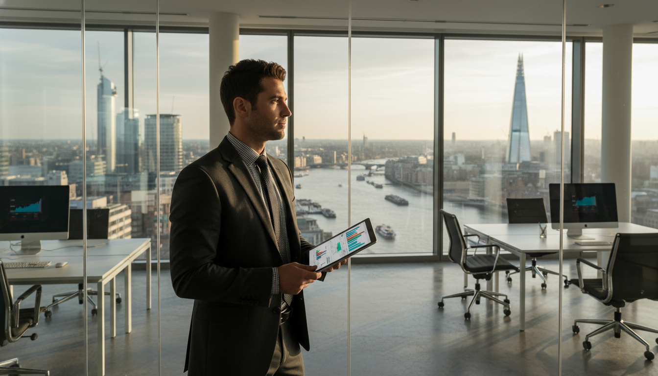 A professional expat entrepreneur standing in a modern, glass-walled office in London, looking out over the Thames river, holding a tablet with financial charts, cinematic lighting, 8k resolution, photorealistic