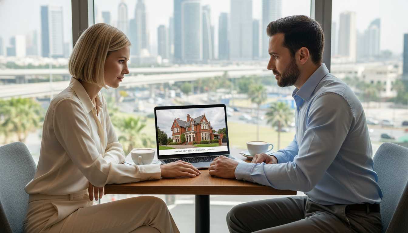 A professional-looking expat couple sitting in a modern cafe in a global hub like Dubai or Singapore, looking at a laptop showing a British Victorian-style house listing, with a blurred cityscape in the background through the window.
