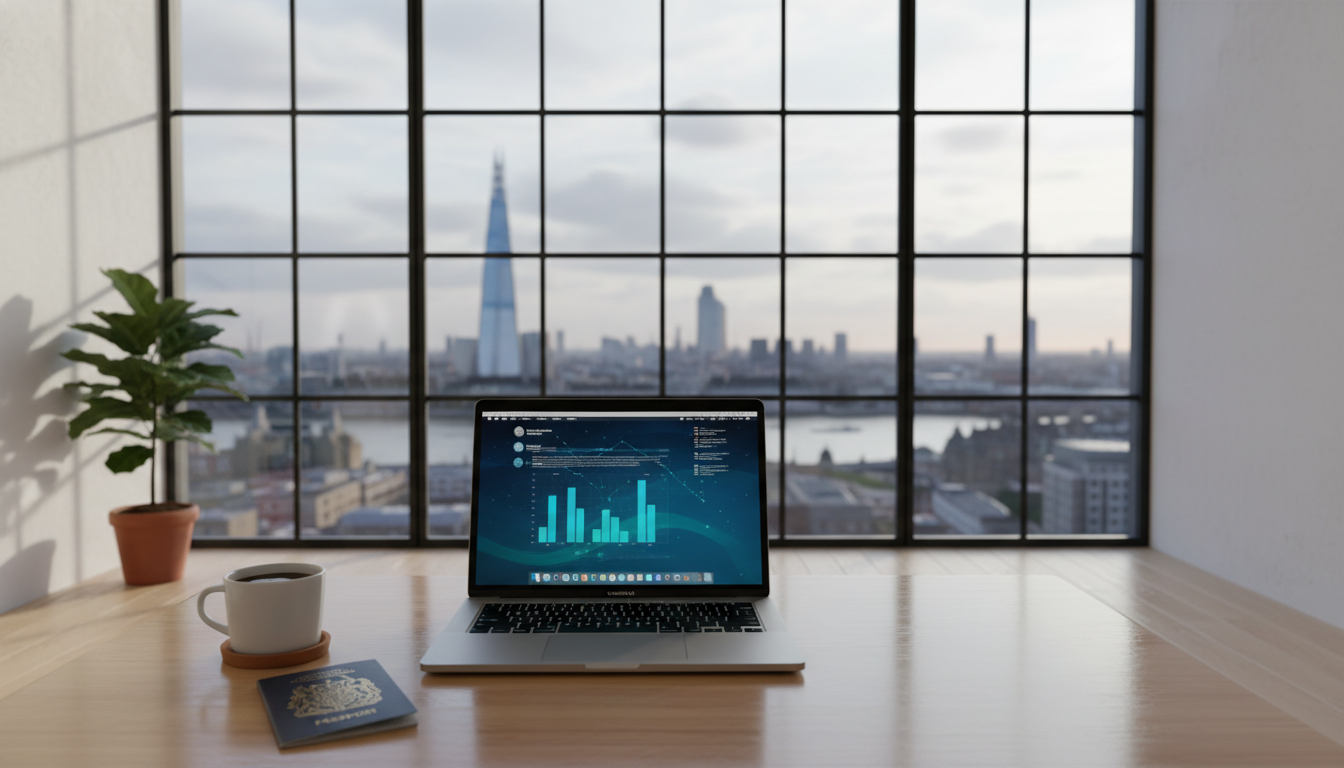 A high-resolution, wide-angle shot of a minimalist home office with a MacBook Pro on a wooden desk, overlooking a blurry city skyline of London through a large window. A cup of coffee and a British passport are visible on the desk, symbolizing global entrepreneurship.